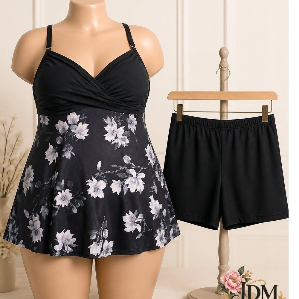 Plus Size Black & Gray Floral Swim Top with Swim Shorts – 2 Pieces